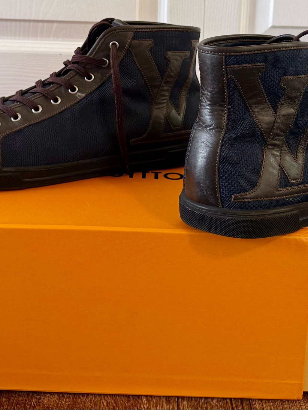 Louis Vuitton Men’s Navy & Brown High-Top Sneakers With Lv Monogram